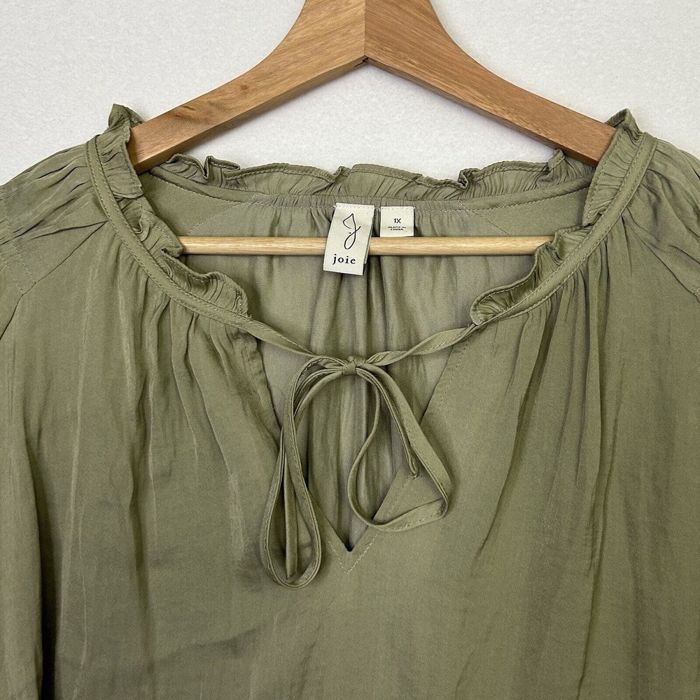 JOIE 1X Satin Long Sleeve Tie Neck Peasant Boho Blouse Green - Picture 2 of 7